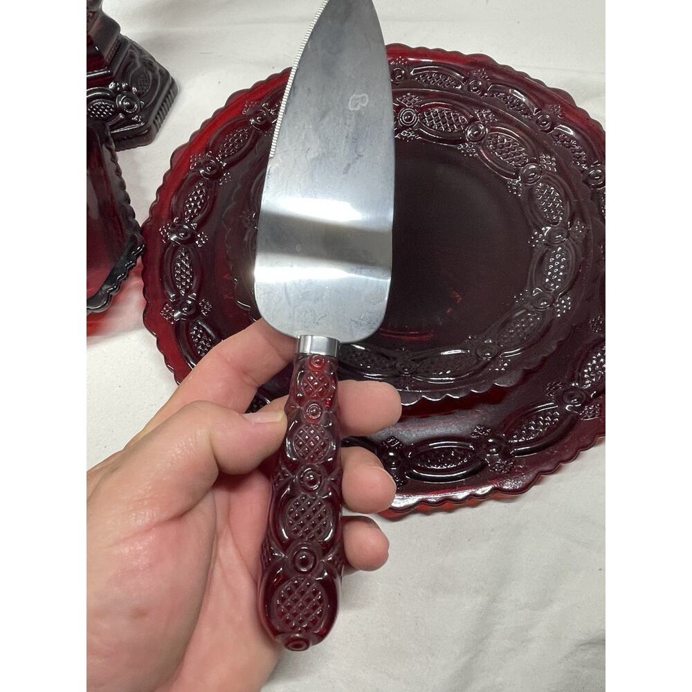 Avon Dark Red Embossed Glassware Set Plates Cups Candle Holder Pie Server - Picture 8 of 8